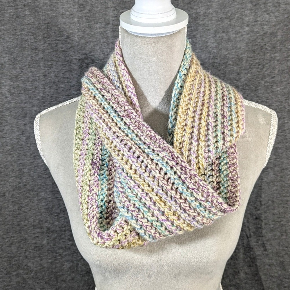 Handmade Multicolor Crochet Infinity Scarf Ribbed Pastel 4" Wide